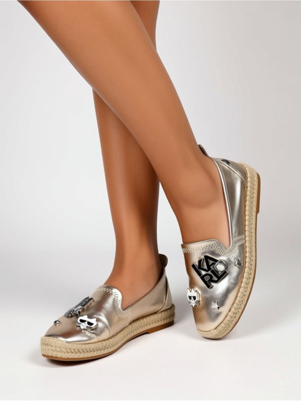 Karl Lagerfeld Metallic Gold Embellished Slip-On Loafers